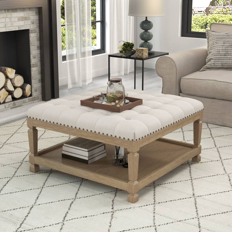 Button-Tufted Upholstered Coffee Table Ottoman with Wooden Shelf – Square Fabric Ottoman
