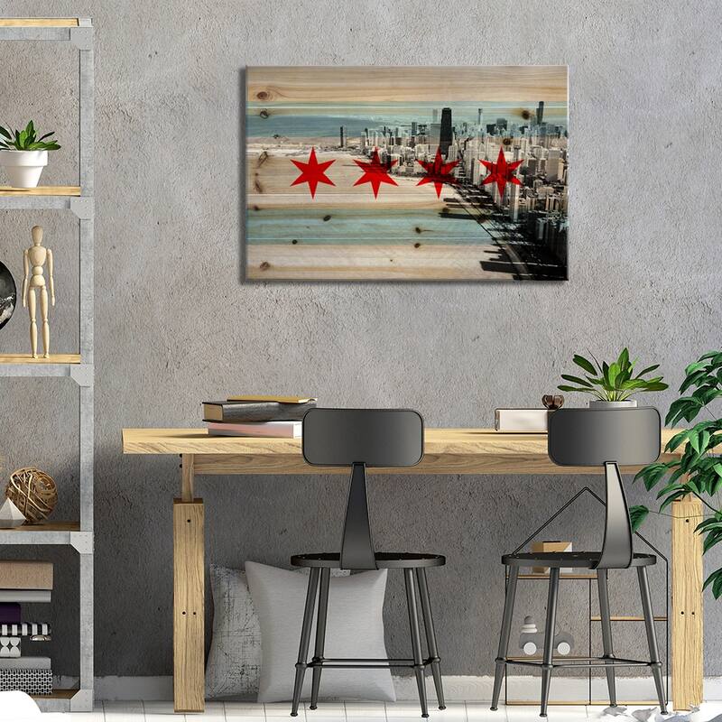 Chicago City Flag (Downtown Skyline) Print On Wood by iCanvas - Multi-Color