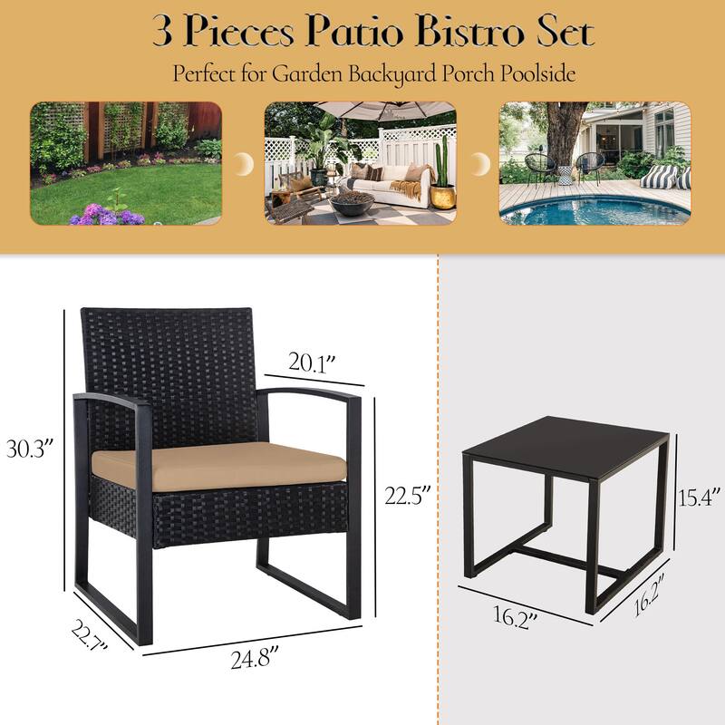 Rattan Wicker Patio Chat Set Outdoor Table and Chairs with Cushions - set of 3