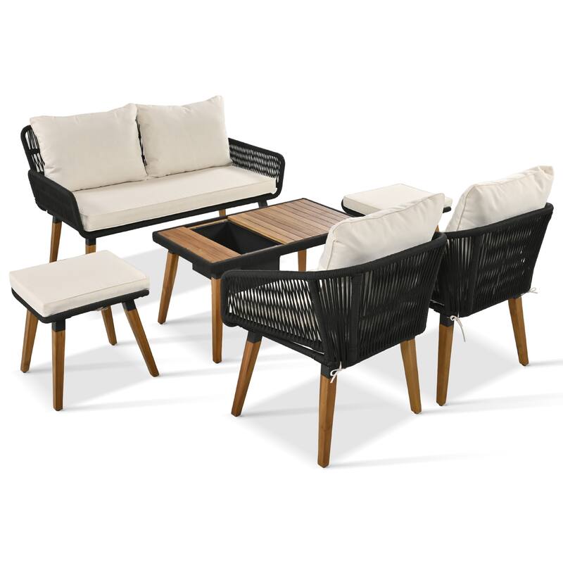 6-Piece Outdoor Patio Rope Conversation Sofa Set with Acacia Wood Cool Bar Table and 2 Stools