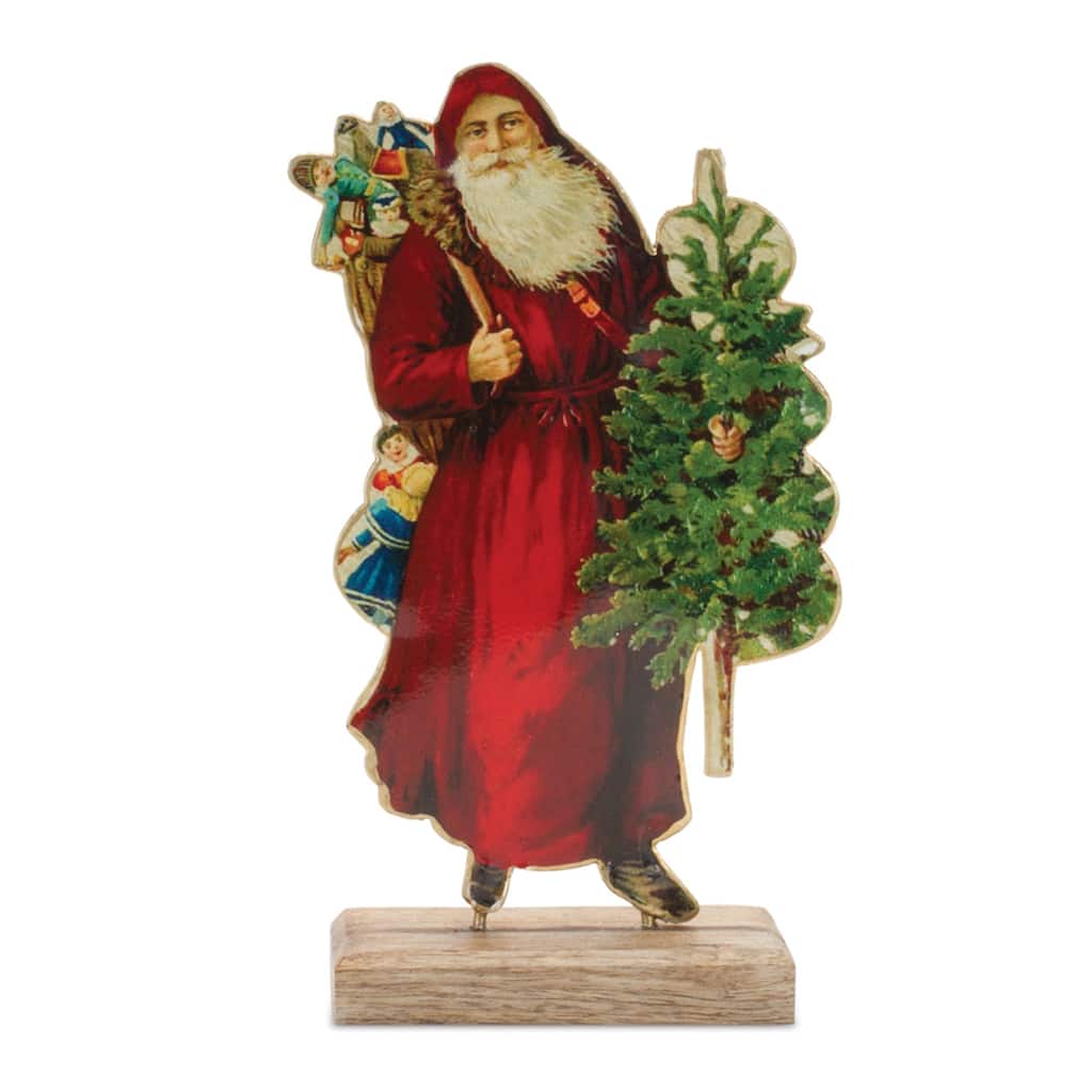 Red and Green Metal Rustic Santa Figurine on Wooden Base Holiday Decoration for Shelf or Mantel - 5.5”L x 2”W x 8.25”H