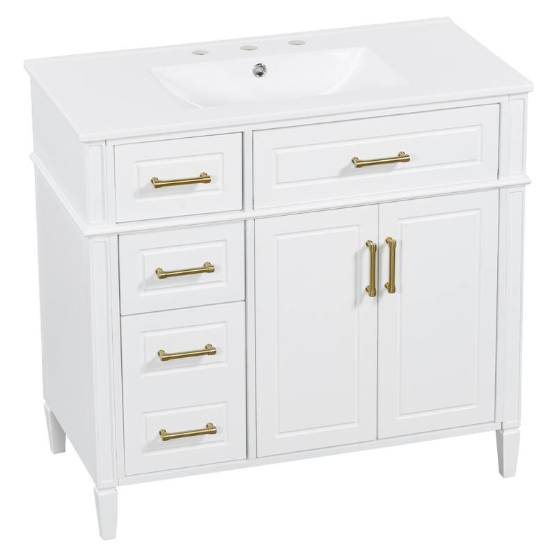 Roomfitters 36" Bathroom Vanity with Sink, Solid Pinewood Frame, 4 Drawers, Soft-Close Doors & Adjustable Shelf