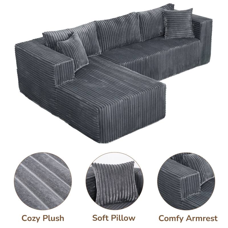 105" Gray L-Shaped Modular Sofa, Foam, 6 Pillows, Space-Saving (Right Chaise)