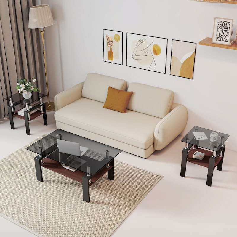 Set of 2 Modern Tempered Glass Tea Table ,Tempered Glass Tabletop with MDF Layer,Coffee Table