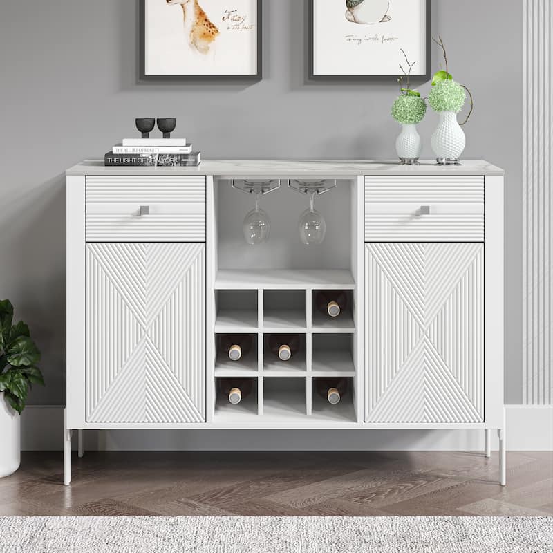 42" Modern Wine Cabinet with Metal Glass Rack and Drawers - 42" in Width - White