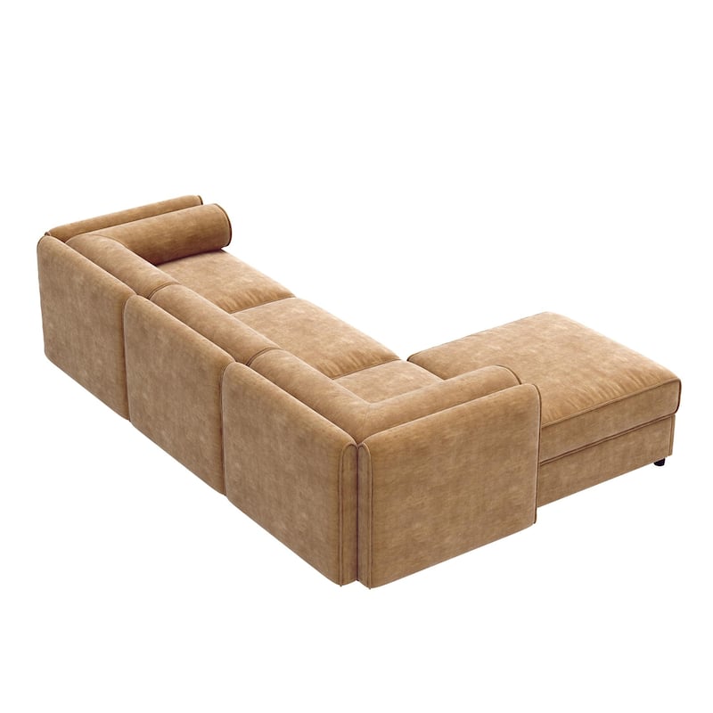 Chenille L-Shaped Sofa with Storage, 3-Seater Couch with Ottoman, Cylindrical Backrests & Armrests, Modern Modular Sofa