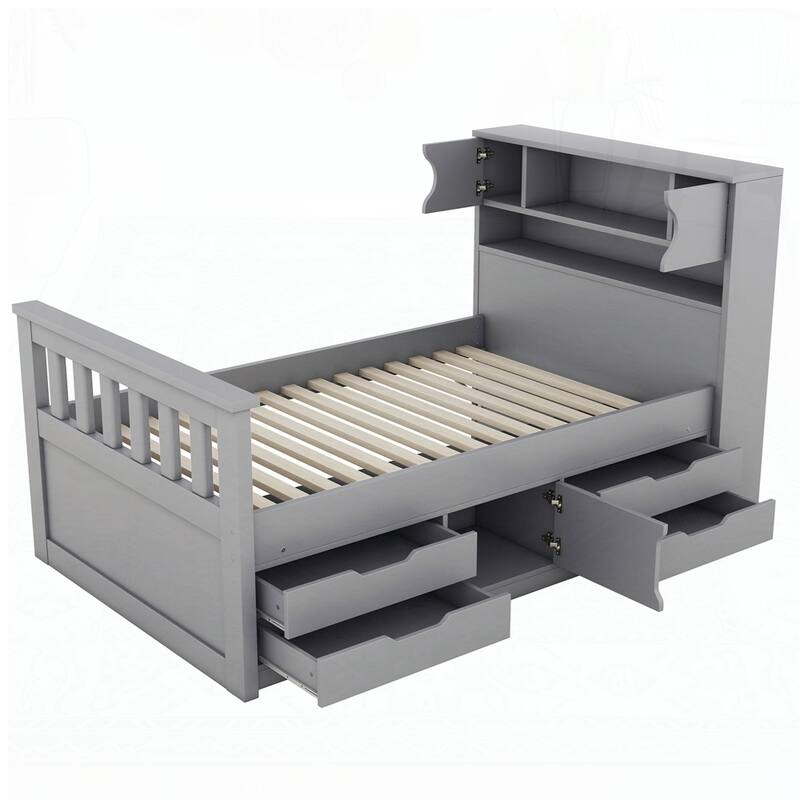 Captain Platform Bed Frame with Storage Bookcases and Shelves