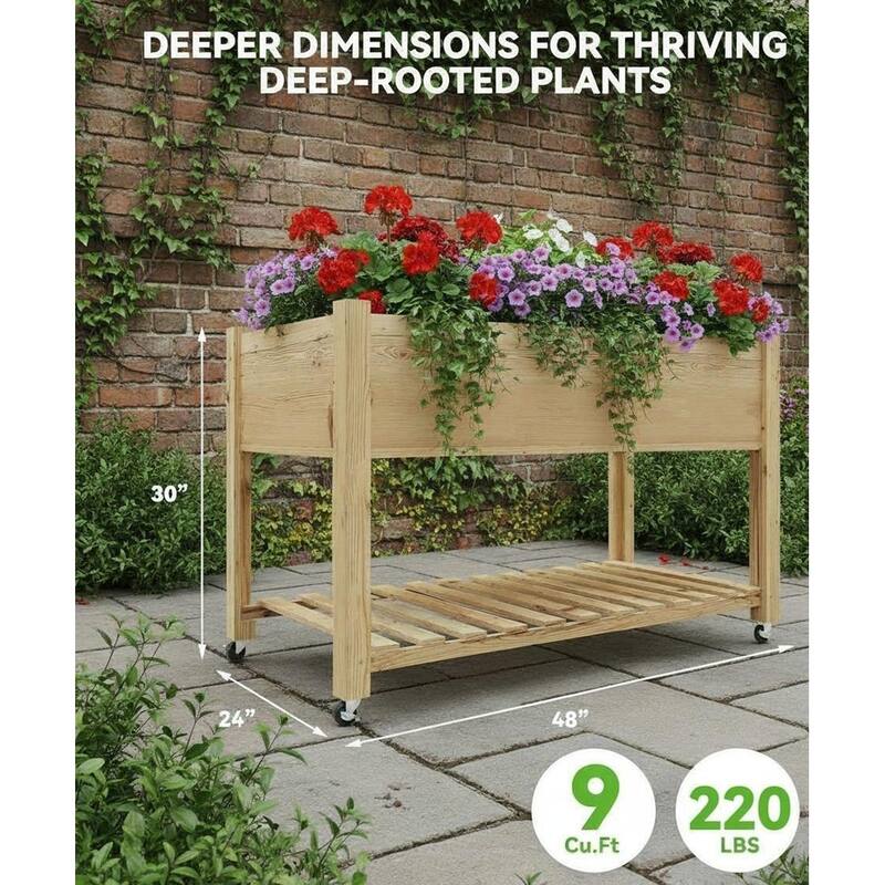 Raised Garden Bed, with Lockable Wheels and Storage Shelf