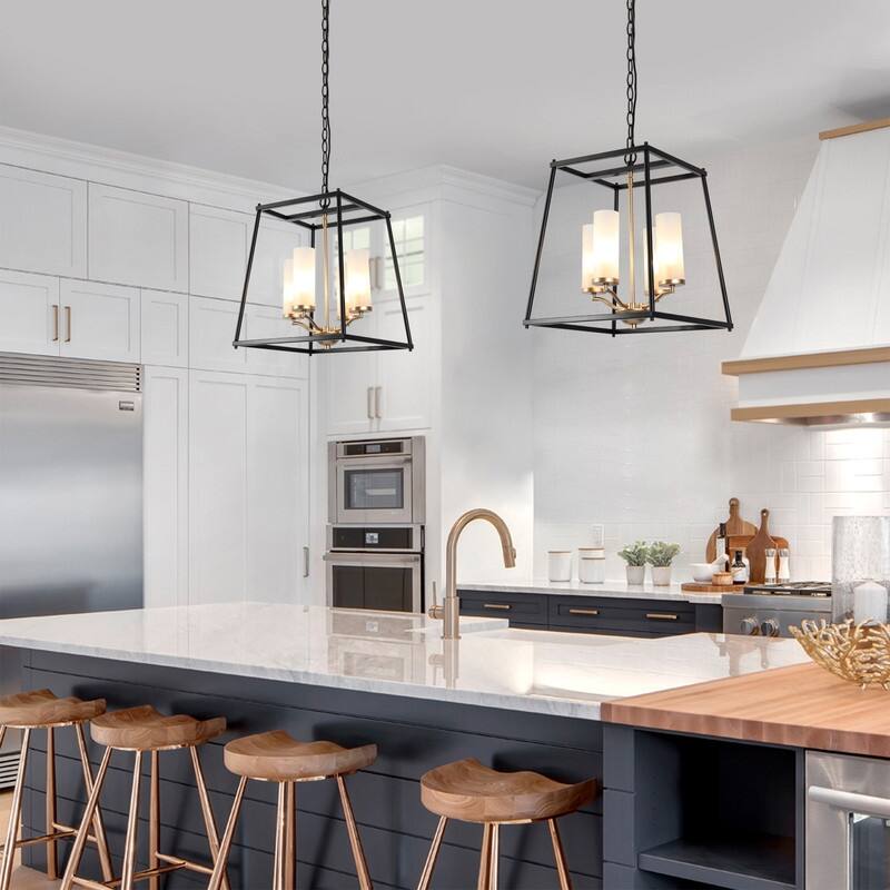 Modern 4-Light Black Gold Geometric Chandelier with Frosted Glass Shades - 14" L x 11" W x 17" H