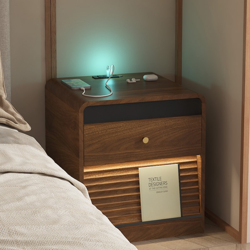 Nightstand with Charging Station, Smart Nightstand with Night Light,with Led Lights,Bedside Tables with Storage Cabinet