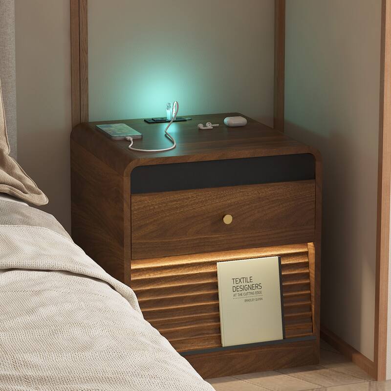Smart Nightstand with LED Night Light, Charging Station and Storage Cabinet - Walnut