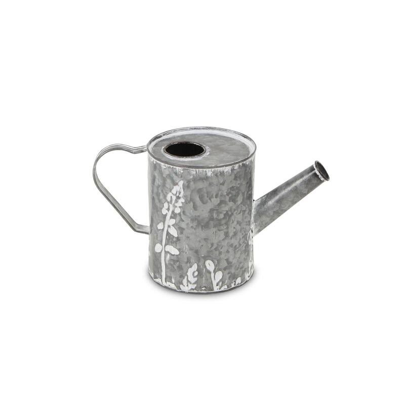 HomeRoots 6" Gray And White Galvanized Metal Flowers Hand Painted Decorative Watering Can - 10.50 in. x 6.00 in. x 4.75 in.