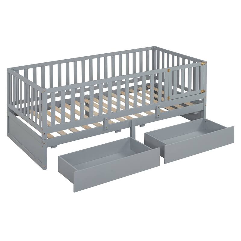 Solid Wood Daybed with Fence Guardrails and 2 Drawers, Split into Independent for Bedroom