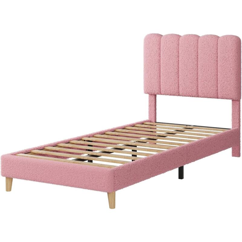 Twin Upholstered Platform Bed Frame with Wave Headboard, Wood Slats, No Box Spring Needed, for Kids or Teens