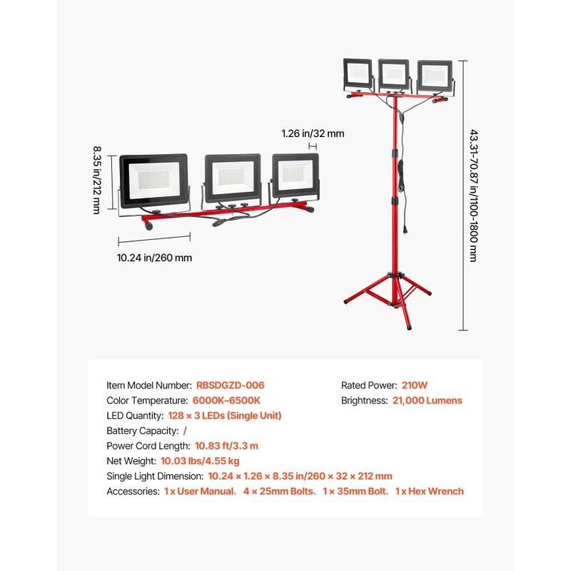 Red-Black LED Work Light 210W 22,000LM with Adjustable Tripod - 10.24 x 1.26 x 8.35 in