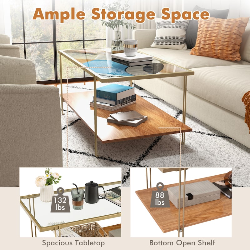 Gold Engineered Wood and Steel Coffee Table with Tempered Glass Top and 2-Tier Storage - 39.5" x 20" x 18" (L x W x H)