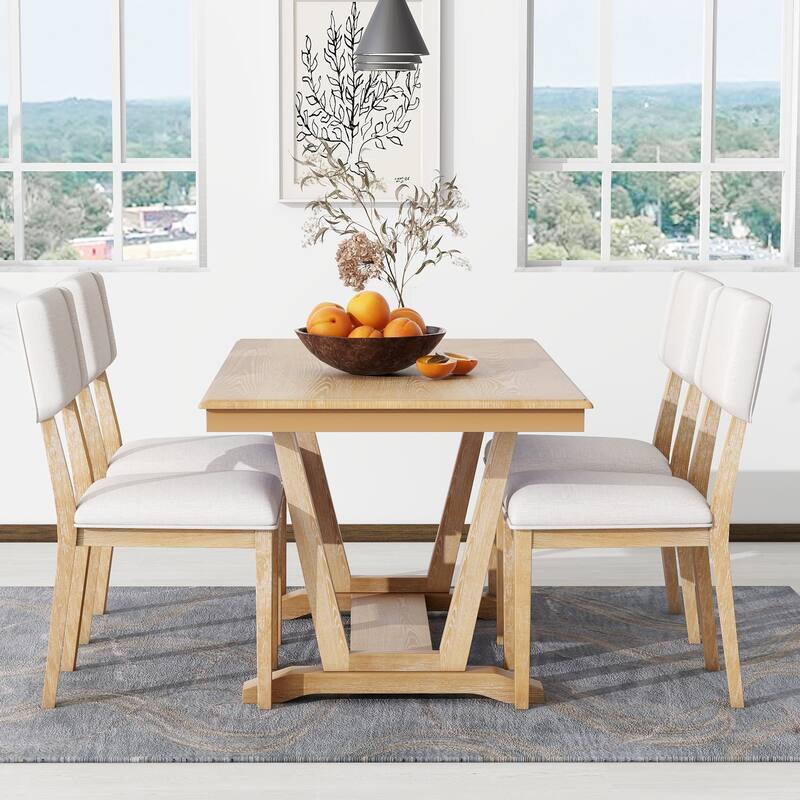 5Piece Dining Table Set with 4 Upholstered Chairs, 59Inch Rectangular