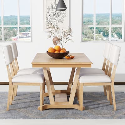 Country Style 5 Piece Dining Set with 4 Upholstered Chairs and Rectangular Dining Table with Stand Base, Dining Room Furniture