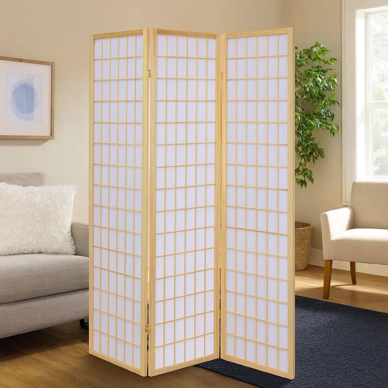 3 Panel Foldable Wooden Frame Room Divider with Grid Design, Brown