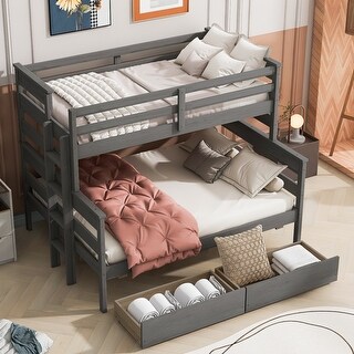 Grey Solid Wood Twin Over Full Bunk Bed with Storage Drawers Perfect ...