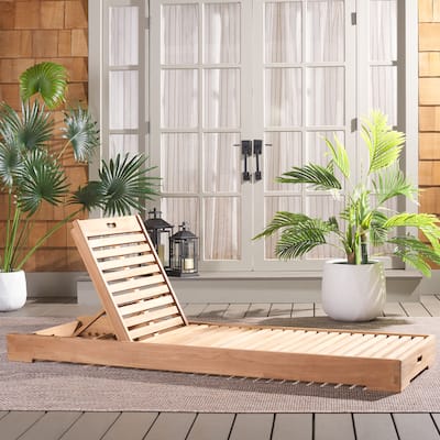 SAFAVIEH Outdoor Patio Furniture Aberdeen Solid Teak Wood Chaise Lounge Chair - 26"W x 79"D x 6"H