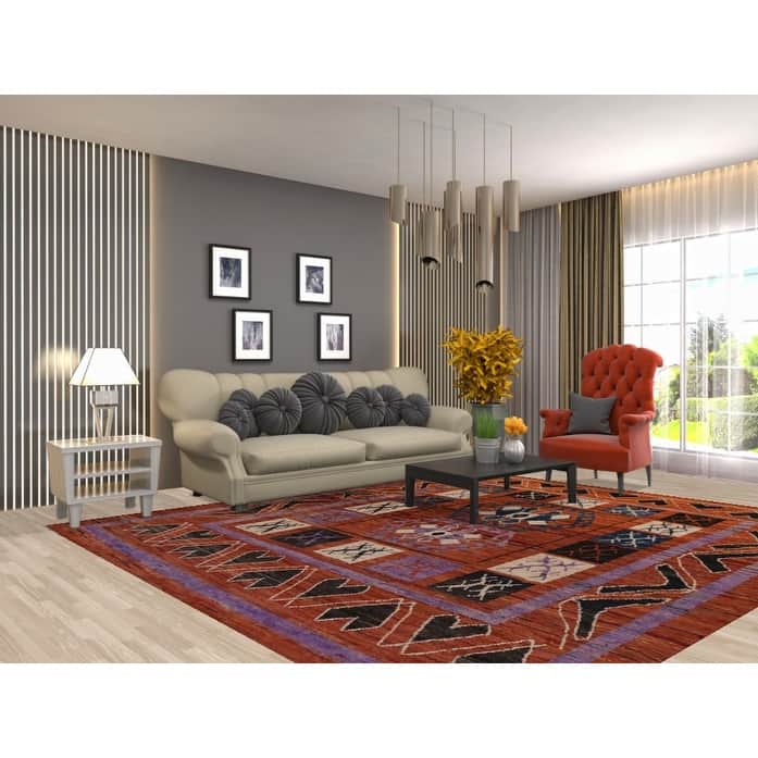 Orange Tribal Geometric Moroccan Oriental Rug Hand-Knotted Wool Carpet - 8'9" x 9'11"