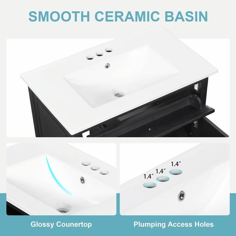 30 Inch Bathroom Vanity with Sink, Modern Vanity Cabinet with One Flip Drawer and Two Storage Drawers