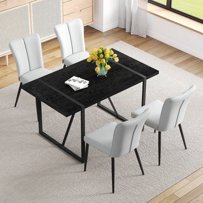 Kitchen Dining Table Set for 4-6 People, Rectangular Wooden Table with Faux Leather Dining Chairs