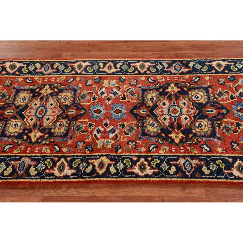 Hand Knotted Oriental 100% Wool Carpet Traditional Geometric Oranges & Rust Heriz (serapi) Runner Rug - 9' 9'' X 2' 6''