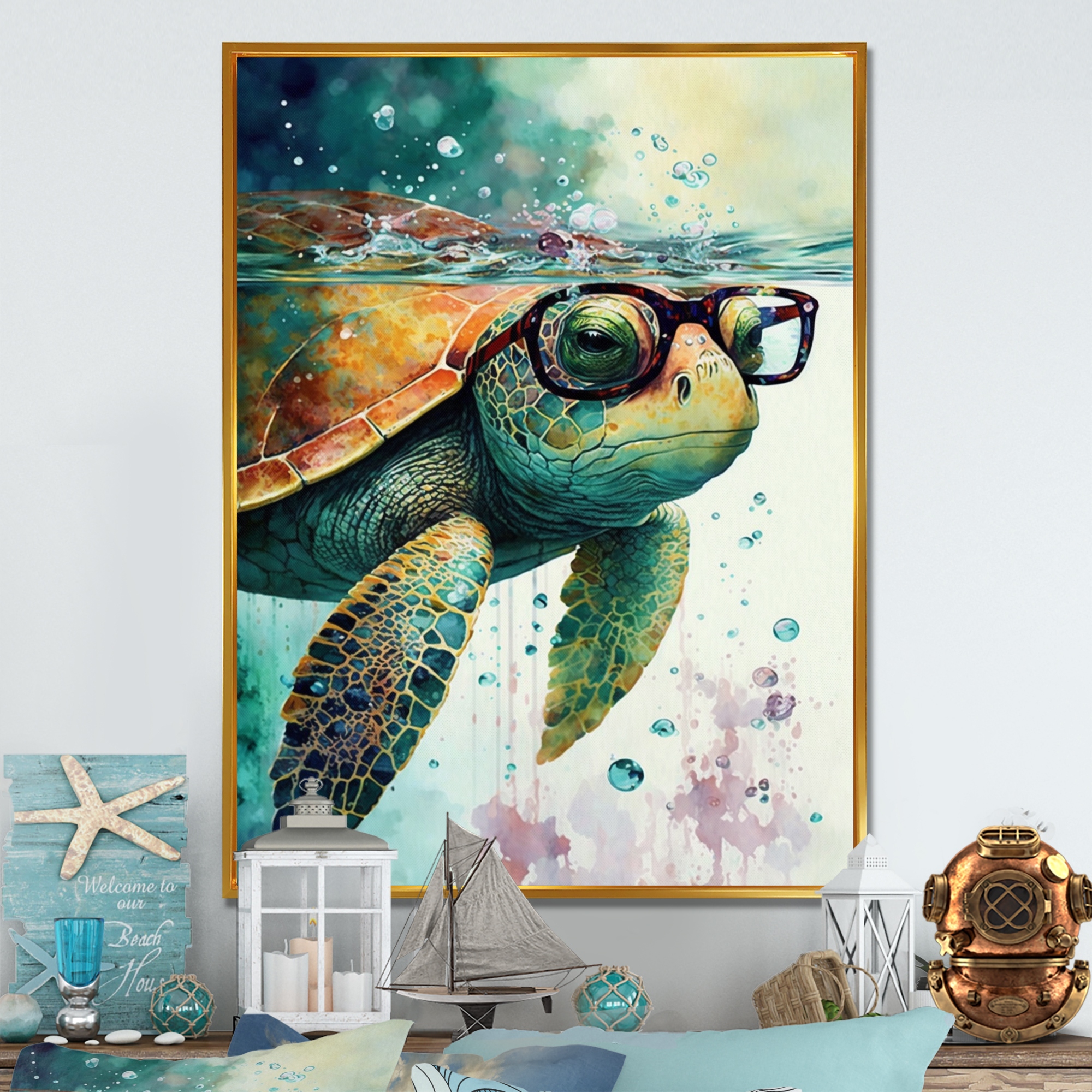 Designart Turtle With Glasses In The Ocean II Animals Framed Canvas Art Print Bed Bath Beyond 37519740