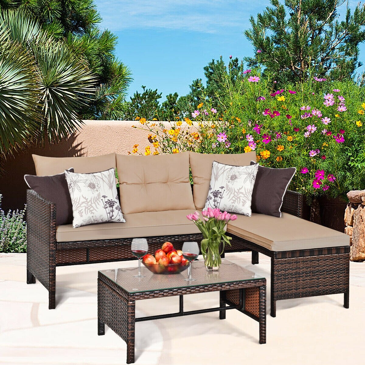 Patio Furniture Set Blue Cushion And Solid Wood Table 3 Piece Outdoor Sectional Sofa Manual Weaving Wicker Rattan Patio Conversation Set Grey Conversation Sets Patio Lawn Garden