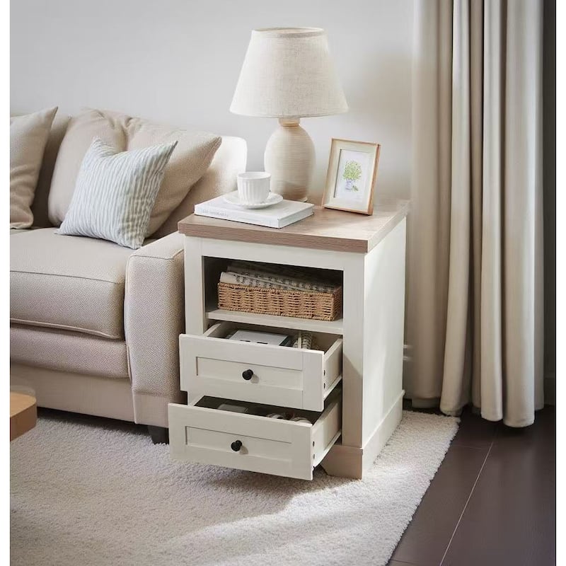 Nightstand with 2 Drawers, Couch Side Table with Wooden Tabletop, Bedroom Coffee Table with Open Storage Shelf