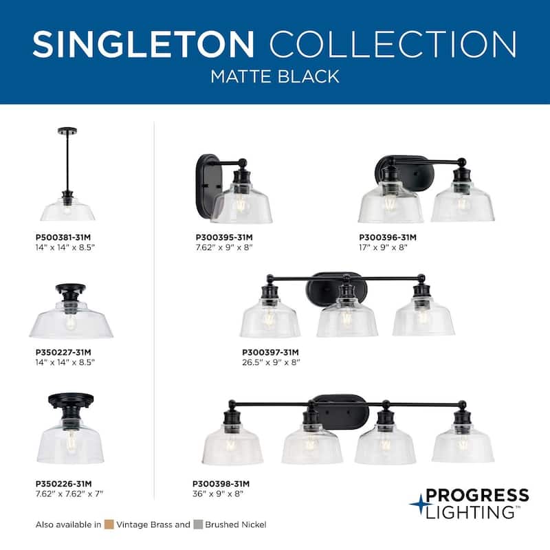 Singleton Collection 1-Light 14 in. Matte Black Medium Semi-Flush Mount Light with Clear Glass Shade - Black - Medium