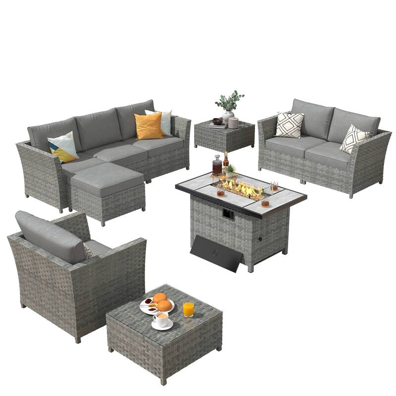 XIZZI 10-piece Patio Rattan Wicker Furniture with Rectangular Fire Pit