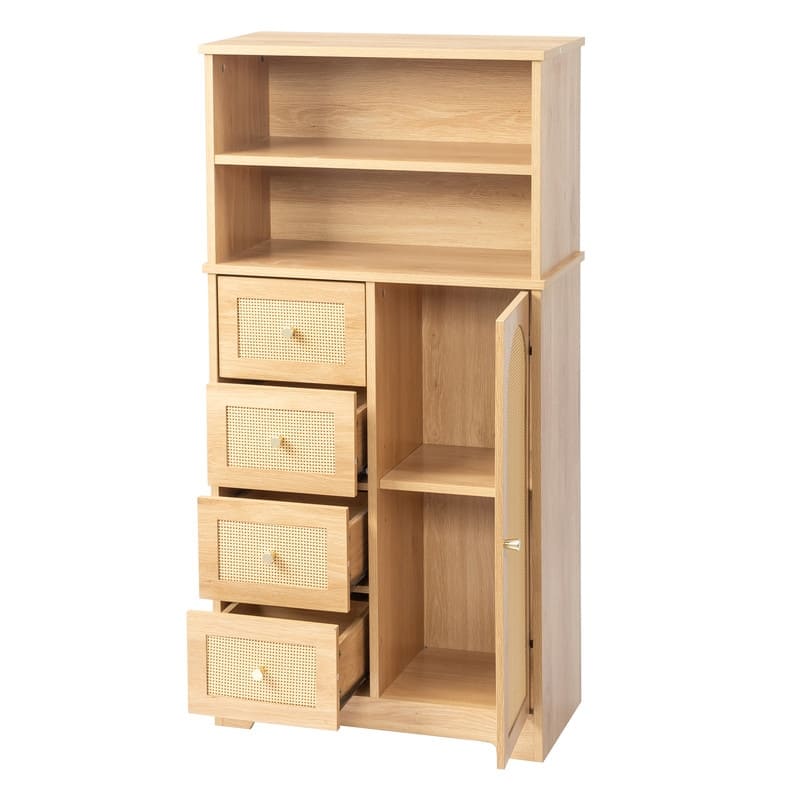 Oak Bathroom Storage Cabinet 4 Tier 1 Door 4 Drawers with Rattan Surface