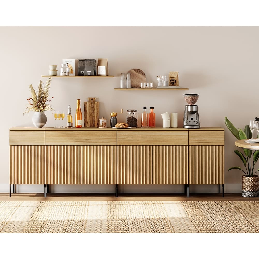 94.5" Wooden Sideboard With Reeded Design, 4-In-1 Modern Credenza With Charging