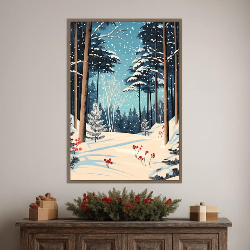 Christmas Snowy forest by Pictufy Studio Framed Canvas Wall Art Print - Sylvie Dark Gold