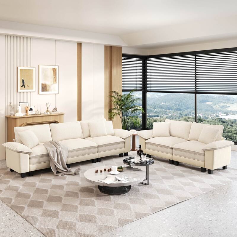 MAISON ARTS 2-Piece Chenille & Corduroy Sofa Set, Comfy 3/4/5-Seater Modular Loveseat & Armchair with Throw Pillows - Off-White Corduroy(5 Pieces) - Left Facing