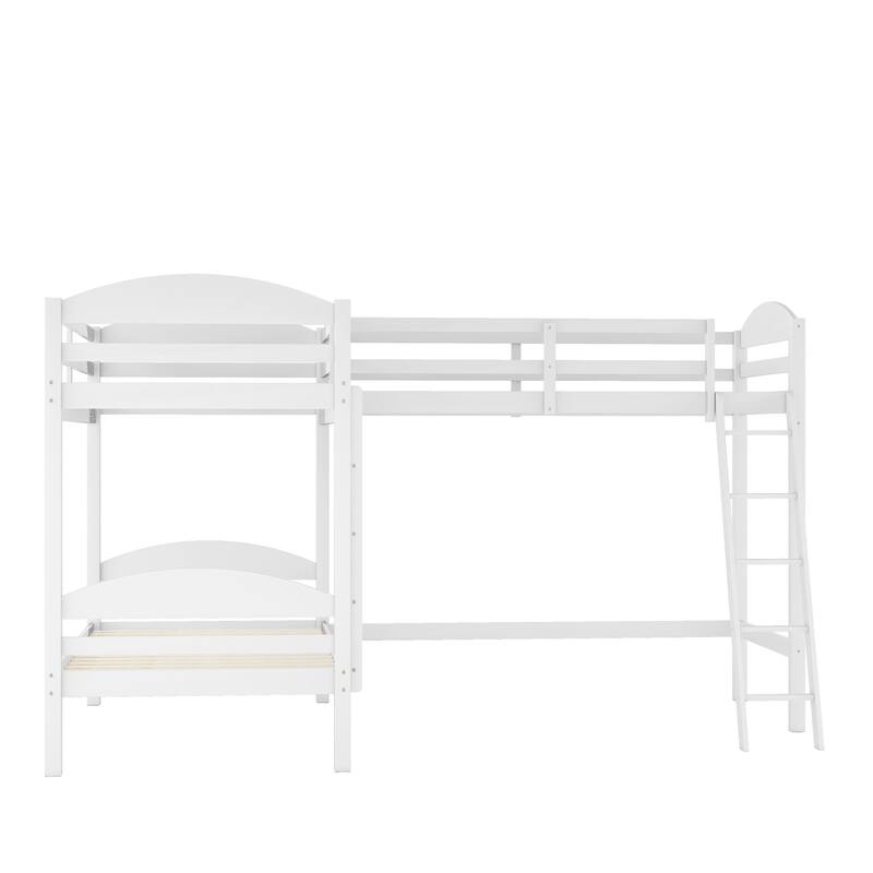 Twin L-Shaped Bunk Bed with Trundle, Wood Platform Bed Frame 2 Bunk Bed with Ladder for Small Living Spaces Multi-Child Families