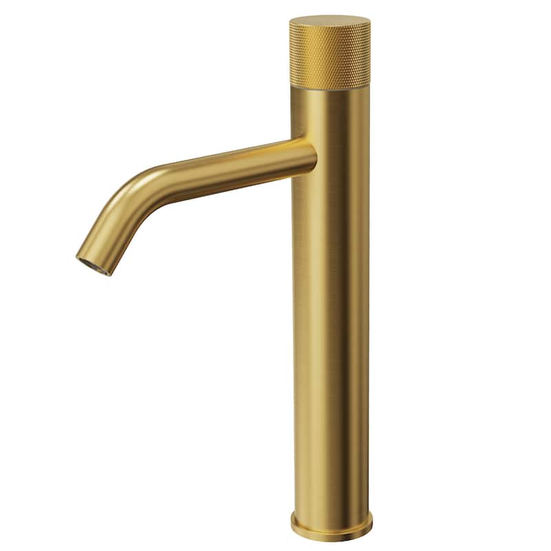 GRANDJOY Single Handle Vessel Sink Faucet with Pop-Up Drain, Modern Mid-Arc Bathroom Design - Brushed Gold