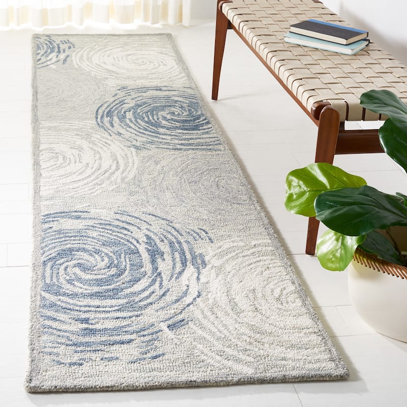 SAFAVIEH Handmade Micro-Loop Magdalini Abstract Wool Rug - 2'3" x 9' Runner - Grey/Ivory