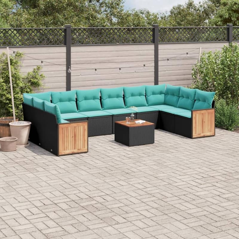 vidaXL 10/11 Piece Patio Sofa Set with Cushions Black/Gray Poly Rattan - 24.4 x 24.4 x 27.2 - Black With table