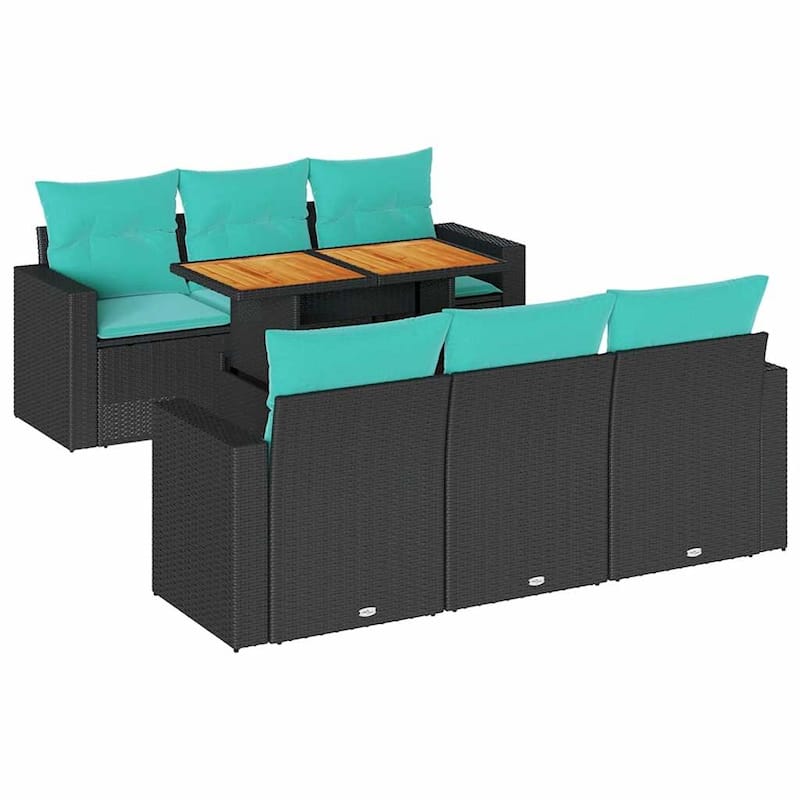 vidaXL 7 Piece Patio Sofa Set with Cushions Black Poly Rattan - 21.7" x 24.4" x 27.2"
