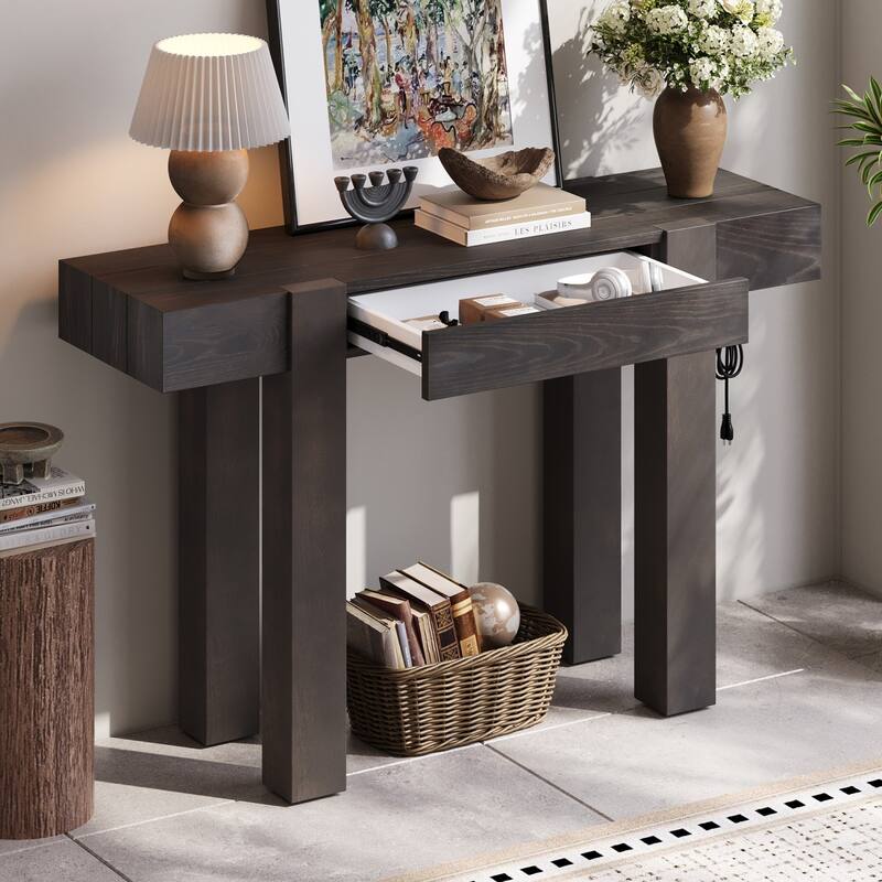 47.25 Inches Wooden Rustic Minimalist Console Table, with Hidden Drawer and Side Power Outlet - Espresso