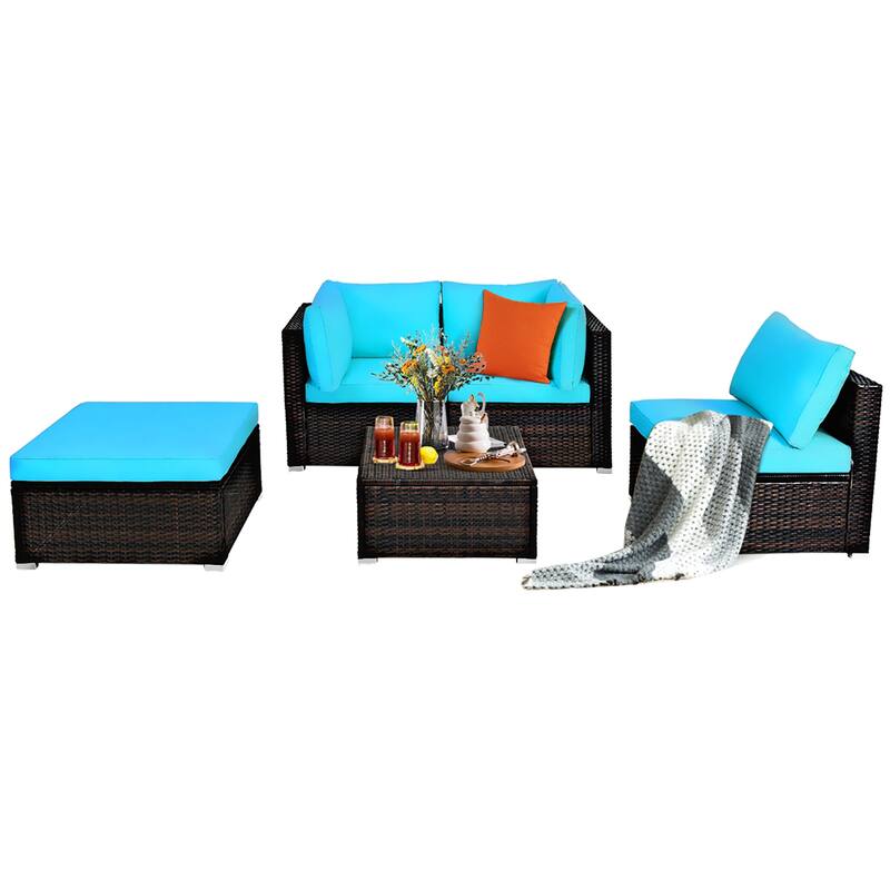 Costway 5PCS Patio Rattan Sectional Conversation Set Ottoman Turquoise - 5-Piece Sets