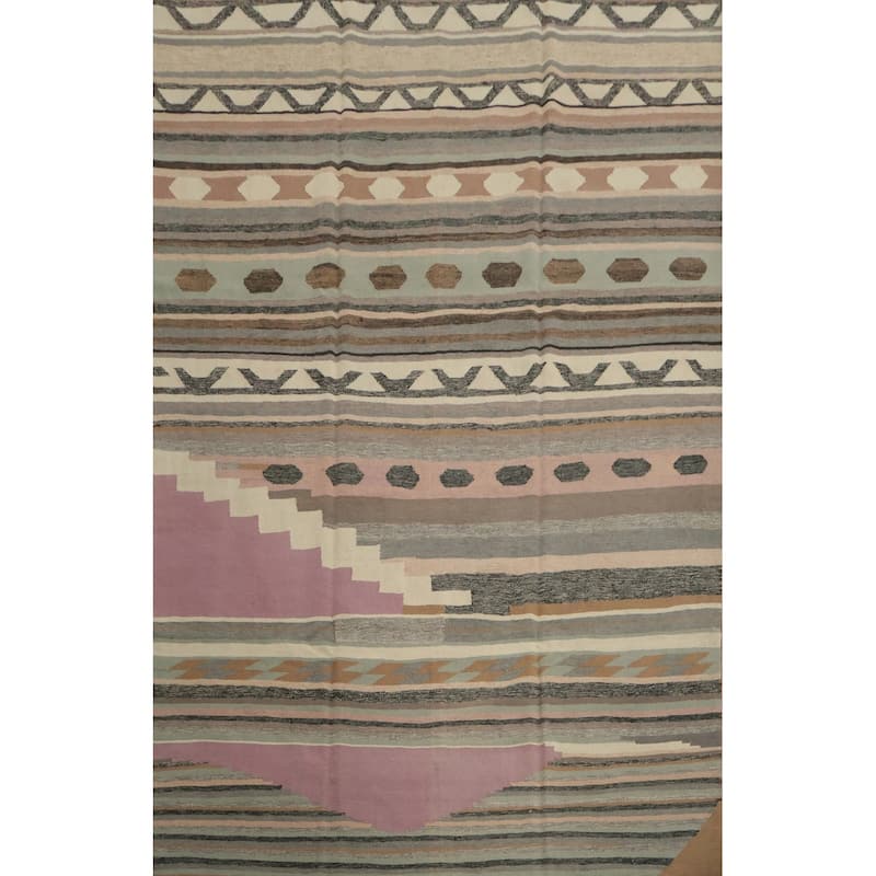 Hand Woven Oriental 100% Wool Carpet Southwestern Tribal Greys & Charcoal Kilim Area Rug - 9' 11'' X 8' 3''