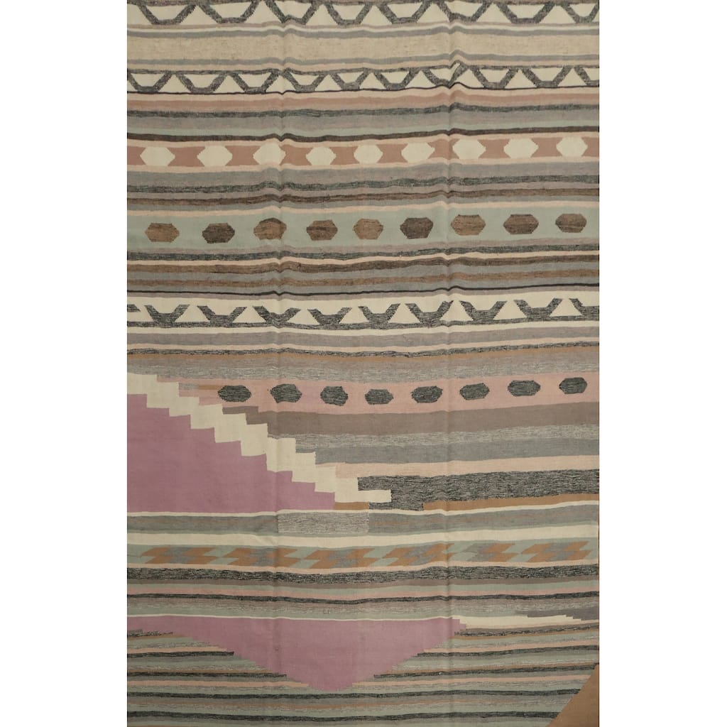 Hand Woven Oriental 100% Wool Carpet Southwestern Tribal Greys & Charcoal Kilim Area Rug - 9' 11'' X 8' 3''