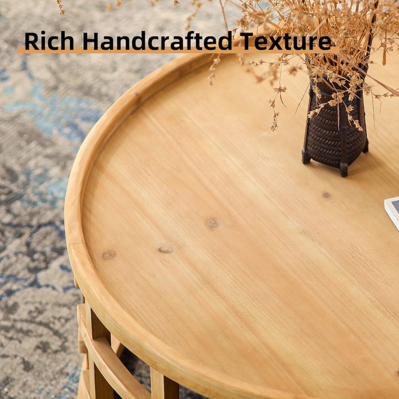 Boho Round Coffee Table Rustic Accent Table with Open-Frame Base, Solid Wood Farmhouse Low Profile Cocktail Table