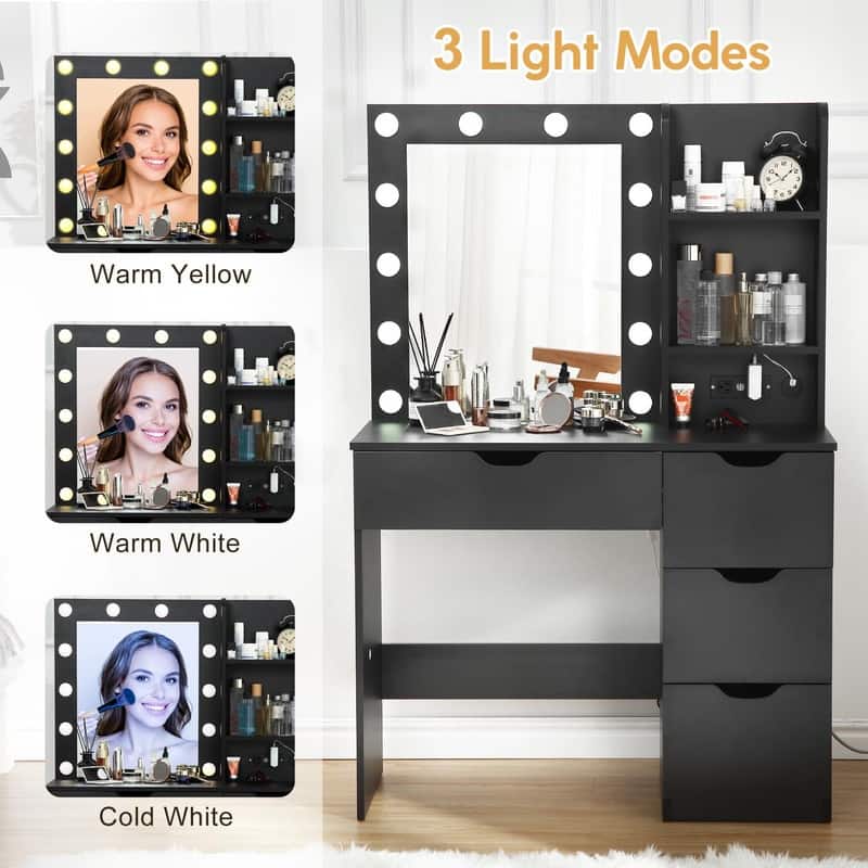Modern Makeup Vanity with Mirror and Lights, 4 Drawers, 2 Shelves