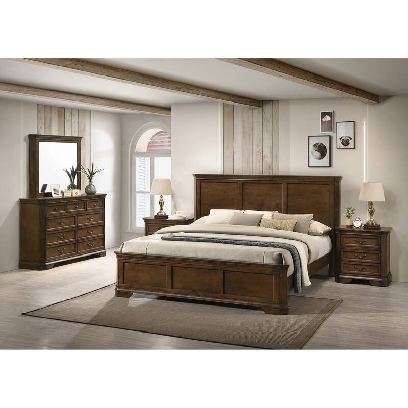 Maderne Traditional Wood Panel Bed with Dresser, Mirror, Two Nightstands, King size